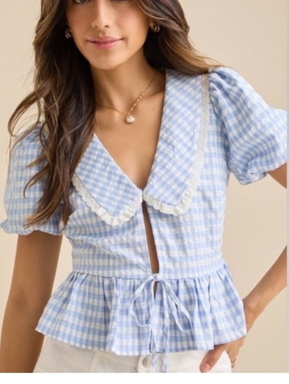 Altar'd State Light Blue  Lace-Trim Peplum Top